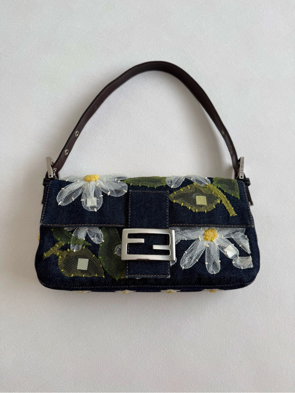 Vintage Fendi Floral Embroidered Denim Baguette Shoulder Bag